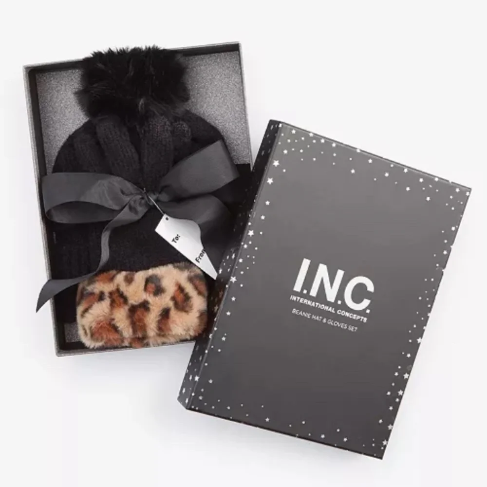 INC International Concepts Leopard Faux Fur Trim Gloves Ribbed Knit Pom Beanie